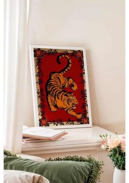 Beyaz Çerçeveli Tablo, Kaplan Desenli Kırmızı Arka Plan, Ofis Dekoru Poster No: 109611 fiyatları