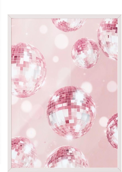 Beyaz Çerçeveli Tablo, Parlayan Cam Küre Efekti – Pembe Fon, Yatak Odası Dekoru Poster No: 109523