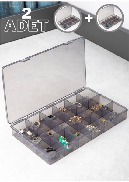 Gri 2'li 18 Bölmeli Takı Organizer Seti, Kolye, Boncuk, Küpe ve Bileklik Saklama Kutusu