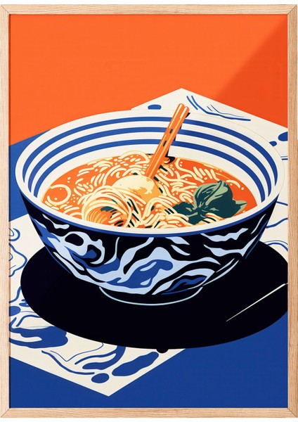 Ahşap Çerçeveli Tablo, Ramen Kasesi Japon Tarzı Illüstrasyon, Mutfak Dekoru Poster No: 108014