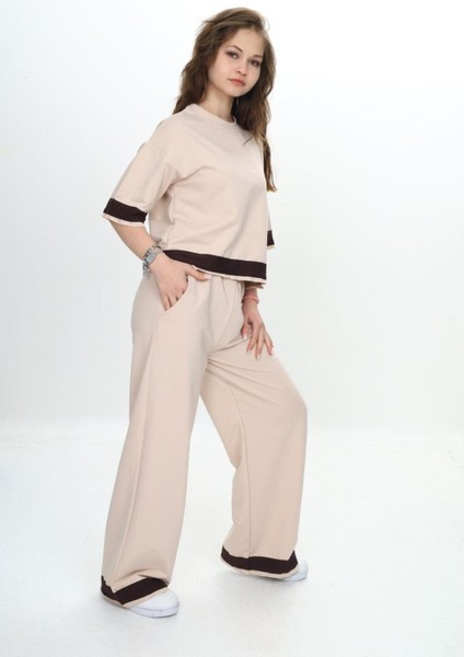 Kız Çocuk %100 Pamuk Kısa Kollu Garnili Truvakar Kol 2 Iplik Alt&üst Eşofman TAKIMI-285-EŞT-0011