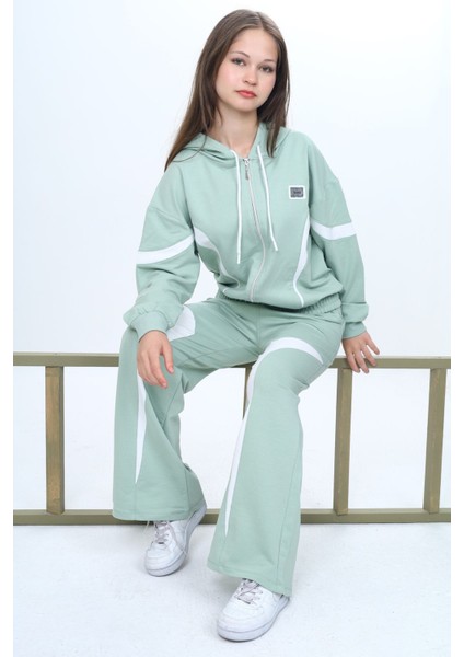 Kız Çocuk %100 Pamuk Garnili Kapüşonlu Fermuarlı Oversize Alt&üst Trend Eşofman TAKIMI-315-EŞT-0003