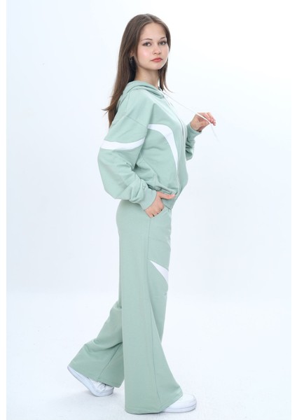 Kız Çocuk %100 Pamuk Garnili Kapüşonlu Fermuarlı Oversize Alt&üst Trend Eşofman TAKIMI-315-EŞT-0003