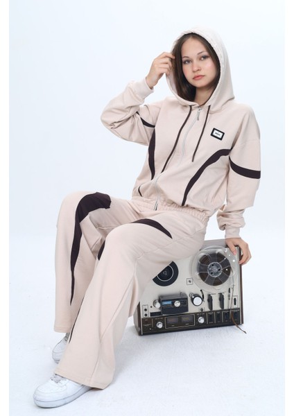 Kız Çocuk %100 Pamuk Garnili Kapüşonlu Fermuarlı Oversize Alt&üst Trend Eşofman TAKIMI-315-EŞT-0003 modelleri