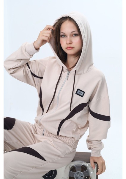 Kız Çocuk %100 Pamuk Garnili Kapüşonlu Fermuarlı Oversize Alt&üst Trend Eşofman TAKIMI-315-EŞT-0003 fırsatları