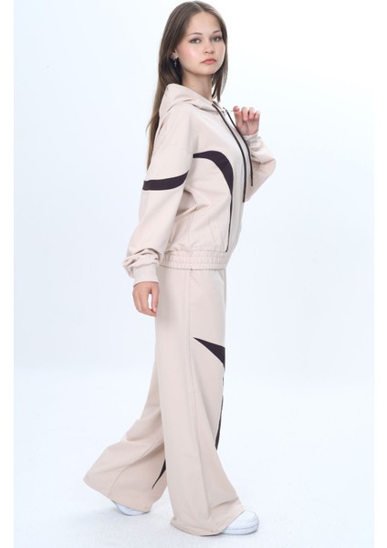 Kız Çocuk %100 Pamuk Garnili Kapüşonlu Fermuarlı Oversize Alt&üst Trend Eşofman TAKIMI-315-EŞT-0003