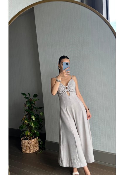 Askılı Uzun Keten Elbise