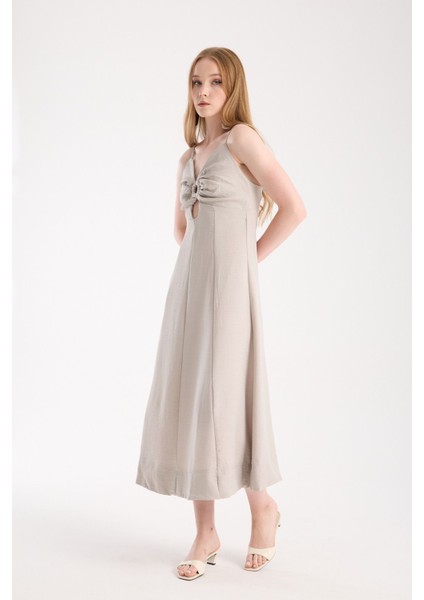 Askılı Uzun Keten Elbise
