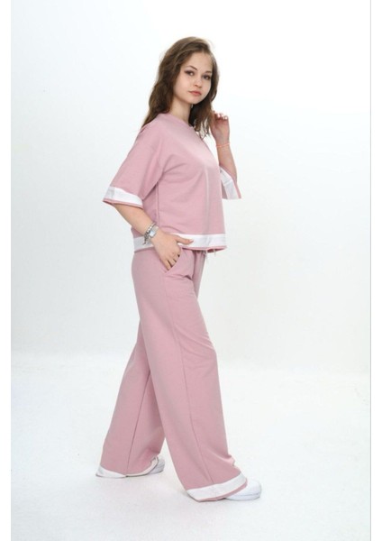 Kız Çocuk %100 Pamuk Kısa Kollu Garnili Truvakar Kol 2 Iplik Alt&üst Eşofman TAKIMI-285-EŞT-0011