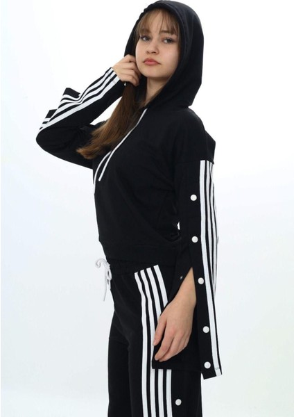 Kız Çocuk %100 Pamuk Şeritli Kapüşonlu Çıtçıtlı Alt&üst Eşofman TAKIMI-5010-EŞT-0004