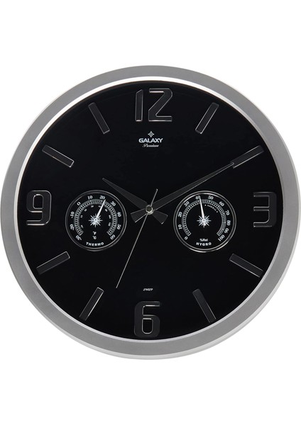 705-BK Termometre ve Baramotre Özellikli Kabartma Rakamlı Ev ve Ofis Duvar Saati, 38CM