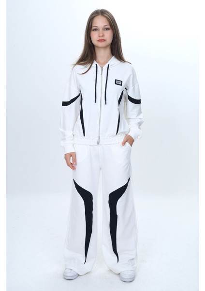 Kız Çocuk %100 Pamuk Garnili Kapüşonlu Fermuarlı Oversize Alt&üst Trend Eşofman TAKIMI-315-EŞT-0003