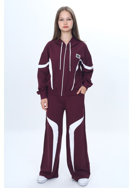 Kız Çocuk %100 Pamuk Garnili Kapüşonlu Fermuarlı Oversize Alt&üst Trend Eşofman TAKIMI-315-EŞT-0003