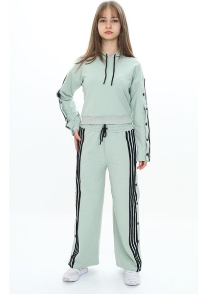 Kız Çocuk %100 Pamuk Şeritli Kapüşonlu Çıtçıtlı Alt&üst Eşofman TAKIMI-5010-EŞT-0004