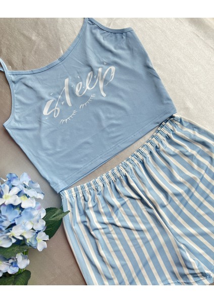 Likralı Mavi Çizgili Pijama Takımı