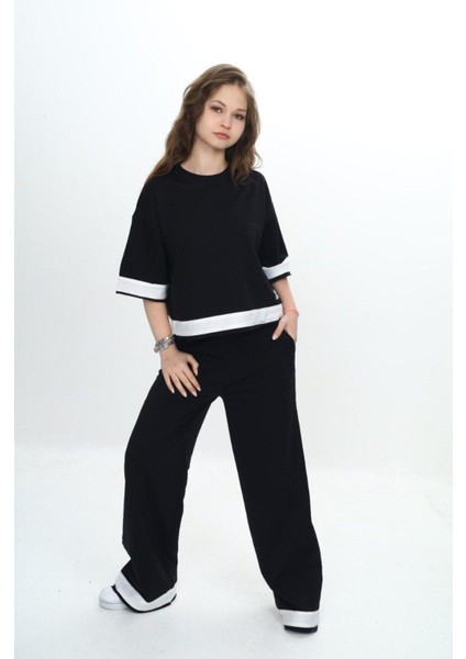 Kız Çocuk %100 Pamuk Kısa Kollu Garnili Truvakar Kol 2 Iplik Alt&üst Eşofman TAKIMI-285-EŞT-0011