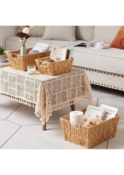 El Yapımı Hasır Dikdörtgen Dekoratif Sepet, Hasır Dikdörtgen Dekoratif Tepsi 3 Model Seçenekli (34 * 26 * 13CM) (Orta)