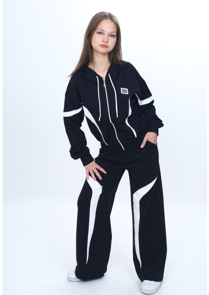 Kız Çocuk %100 Pamuk Garnili Kapüşonlu Fermuarlı Oversize Alt&üst Trend Eşofman TAKIMI-315-EŞT-0003