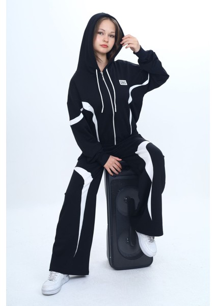 Kız Çocuk %100 Pamuk Garnili Kapüşonlu Fermuarlı Oversize Alt&üst Trend Eşofman TAKIMI-315-EŞT-0003 fırsatları