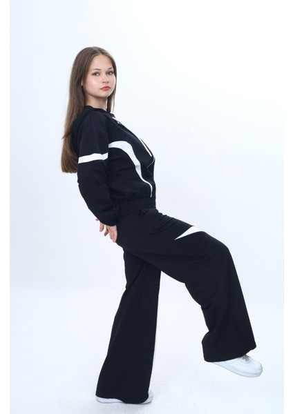 Kız Çocuk %100 Pamuk Garnili Kapüşonlu Fermuarlı Oversize Alt&üst Trend Eşofman TAKIMI-315-EŞT-0003