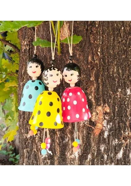 Asılabilir Doll Süs, 3'lü Set, Puantiyeli Desenli, Renkli Boncuklu, Bahçe ve Ev Dekorasyonu Çan Süs