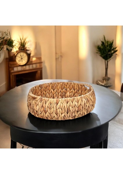 El Yapımı Hasır Bombeli Dekoratif Yuvarlak Sepet, Hasır Bombeli Dekoratif Tepsi 3 Model Seçenekli (30 * 11CM) (Orta Boy)