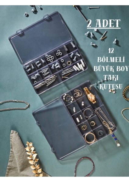 12 Bölmeli Kapaklı Organizer, Takı, Toka, Aksesuar, Hırdavat, Vida Düzenleyici Siyah