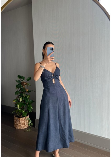 Askılı Uzun Keten Elbise