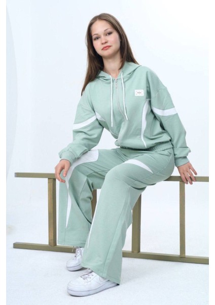 Kız Çocuk %100 Pamuk Garnili Kapüşonlu Fermuarlı Oversize Alt&üst Trend Eşofman TAKIMI-315-EŞT-2003