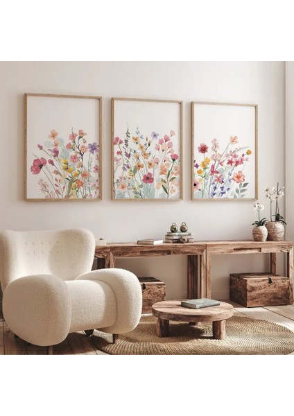 Doğal Ahşap Çerçeveli Uv Baskı 3'lü Renkli Çiçek Desenli Tablo Seti – Modern & Şık Duvar Dekoru