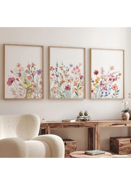 Doğal Ahşap Çerçeveli Uv Baskı 3'lü Renkli Çiçek Desenli Tablo Seti – Modern & Şık Duvar Dekoru fiyatları
