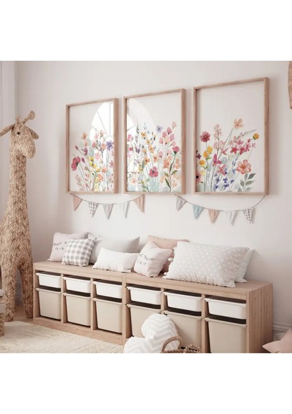 Doğal Ahşap Çerçeveli Uv Baskı 3'lü Renkli Çiçek Desenli Tablo Seti – Modern & Şık Duvar Dekoru modelleri