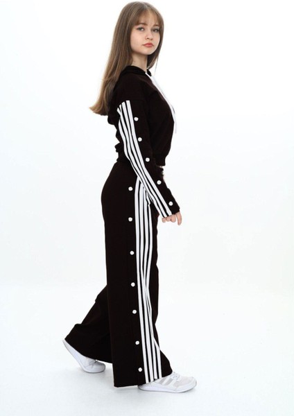 Kız Çocuk %100 Pamuk Şeritli Kapüşonlu Çıtçıtlı Alt&üst Eşofman TAKIMI-5010-EŞT-2004