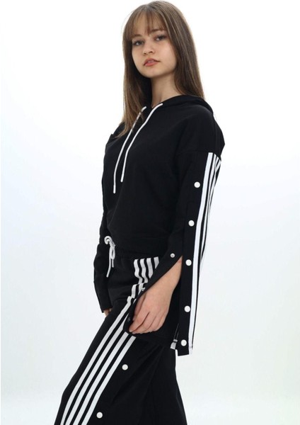 Kız Çocuk %100 Pamuk Şeritli Kapüşonlu Çıtçıtlı Alt&üst Eşofman TAKIMI-5010-EŞT-2004