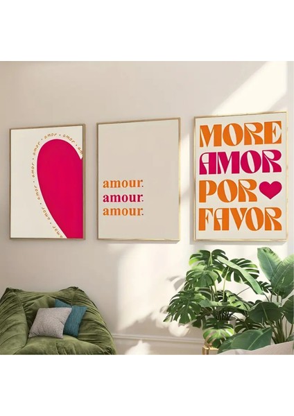Doğal Ahşap Çerçeveli Uv Baskı 3'lü Amour Yazılı Tablo Seti – Modern & Şık Duvar Dekoru