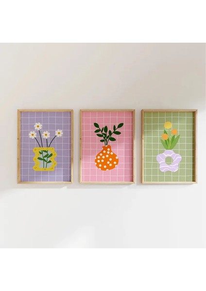 Doğal Ahşap Çerçeveli Uv Baskı 3'lü Minimalist Çiçek Desenli Tablo Seti – Modern & Şık Duvar Dekoru