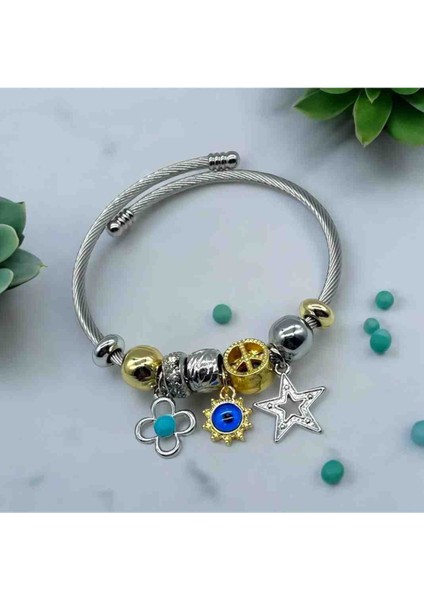 Zirkon Taşlı Nazar Yıldız Detaylı Pandora Çelik Bileklik