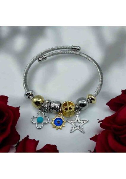Zirkon Taşlı Nazar Yıldız Detaylı Pandora Çelik Bileklik fiyatları