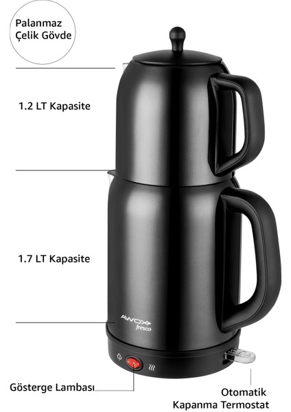 Paslanmaz Çelik Çay ve Su Isıtıcı 2'li Set, Siyah Renk modelleri