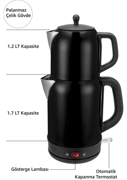 Paslanmaz Çelik Çay ve Su Isıtıcı 2'li Set, Siyah Renk fırsatları