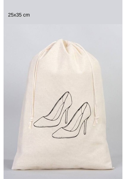 Ekru Topuklu Ayakkabı ve Çanta Organizeri, Büzgülü Ham Bez Kese 25X35 cm