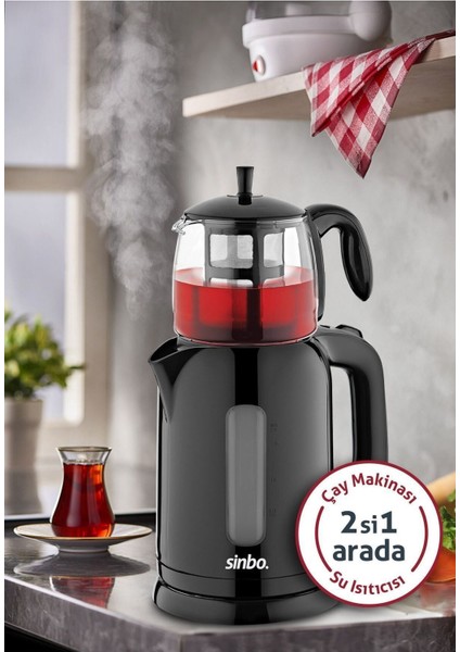 Şık Siyah Elektrikli Cam Demlikli Çay Makinesi