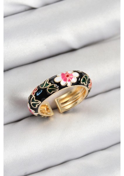 Pirinç Siyah Mineli Çiçek Motifli Gold Renk Ayarlanabilir Kadın Yüzük - TJ-BYK3805