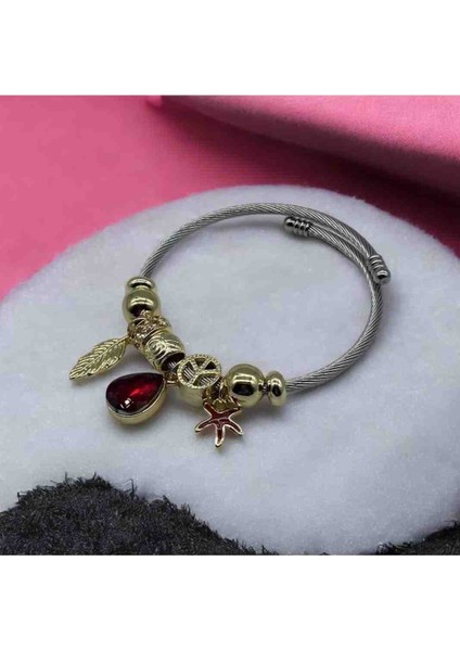Zirkon Taşlı Kırmızı Damla Detaylı Pandora Çelik Bileklik modelleri