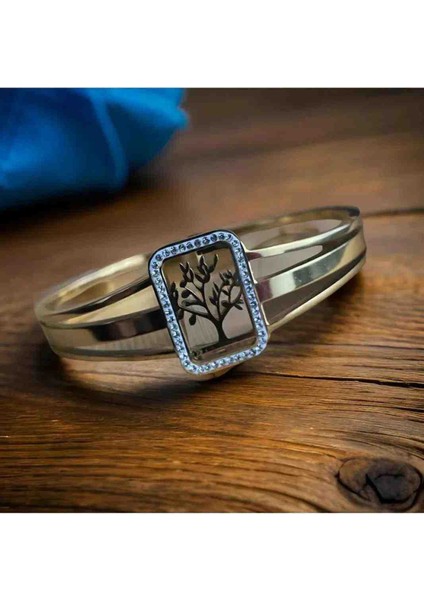 Zirkon Taşlı Hayat Ağacı Detaylı Çelik Bileklik