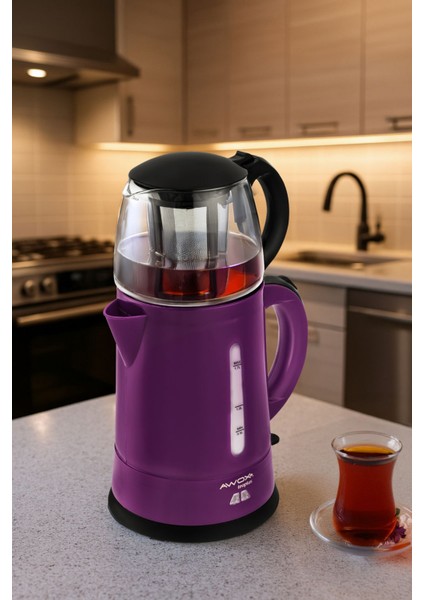 Mor Renkli Cam Demlikli Elektrikli Çay Makinesi, Şık ve Pratik Kullanım Sağlar