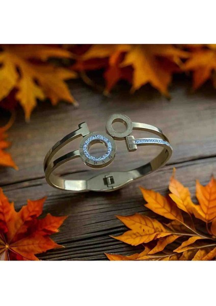 Zirkon Taşlı Kelepçe Model Halka Detaylı Çelik Bileklik