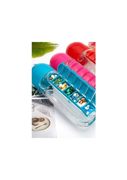 Mobee Pillbox 7 Bölmeli IlacKutulu Matara 600 ml IlacSaklama Kutusu ve Suluk 1450
