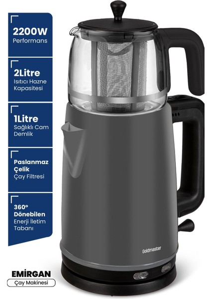Geniş Hazneli 2200W Paslanmaz Çay ve Su Isıtıcı, Antrasit Gri