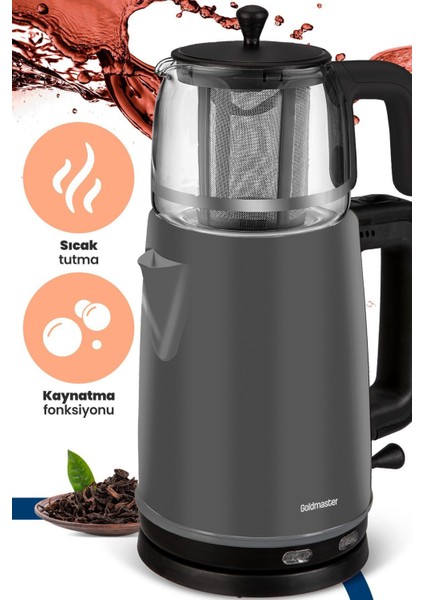 Geniş Hazneli 2200W Paslanmaz Çay ve Su Isıtıcı, Antrasit Gri fiyatları